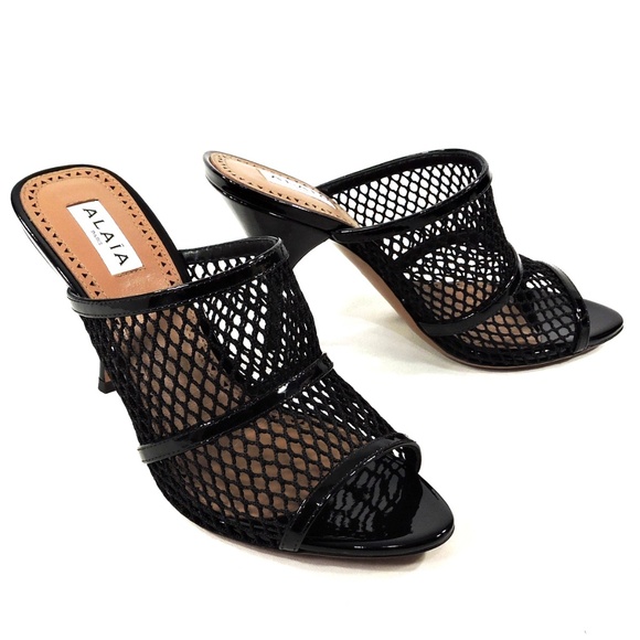 ALAIA 🇮🇹 WOMEN'S BLACK LEATHER AND FABRIC FASHION COMFORT MULES - Picture 3 of 9